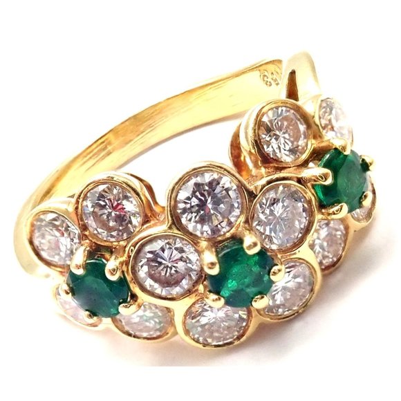 Authentic! Van Cleef & Arpels 18k Yellow Gold Emerald Diamond Fleurette Ring - Picture 1 of 9